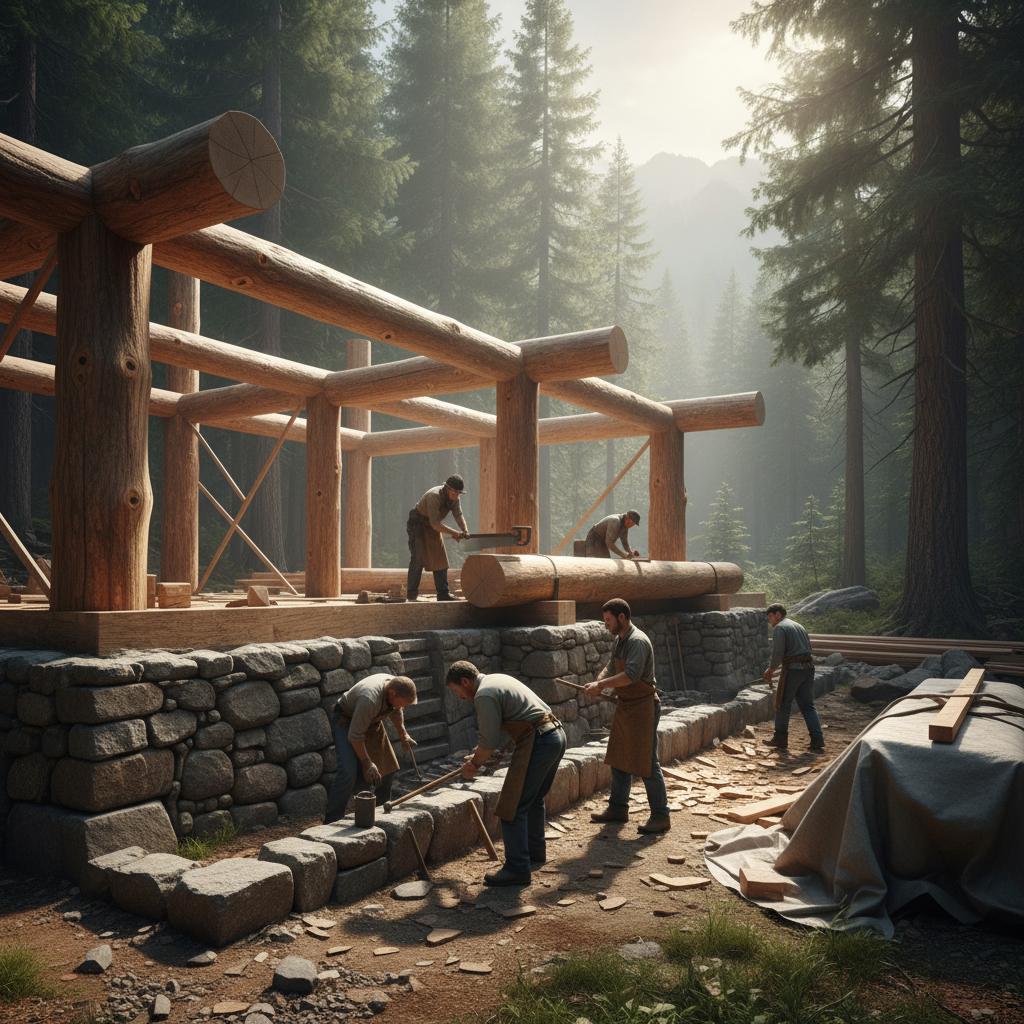 Construction of timber lodge with local craftspeople working on natural stone and wood materials in a forest setting