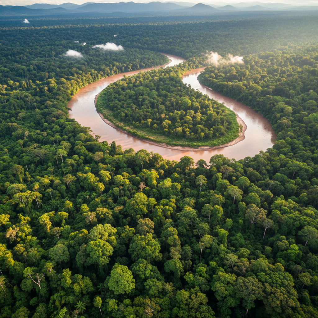 Dense Amazon rainforest canopy from above, winding river, bright green foliage, open tropical daylight