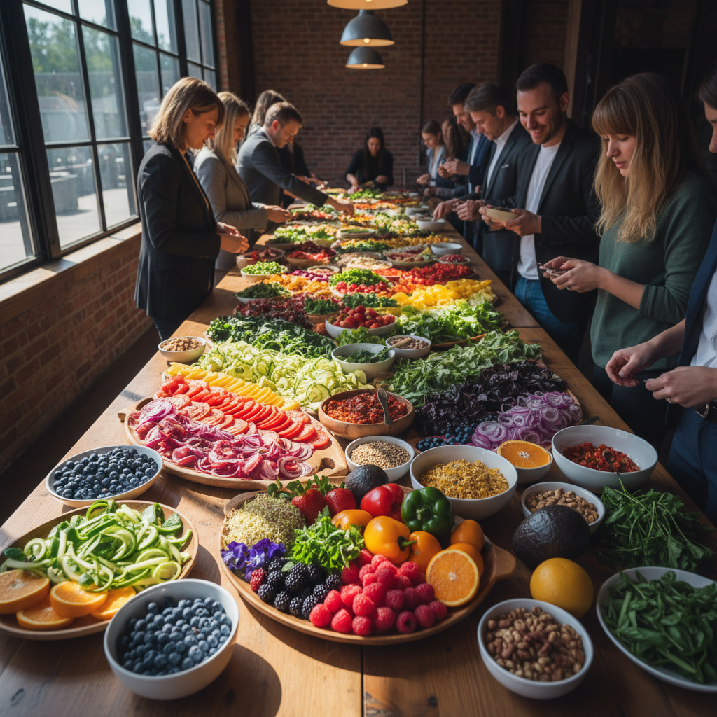 Long shared table with colorful raw food dishes for a corporate group lunch