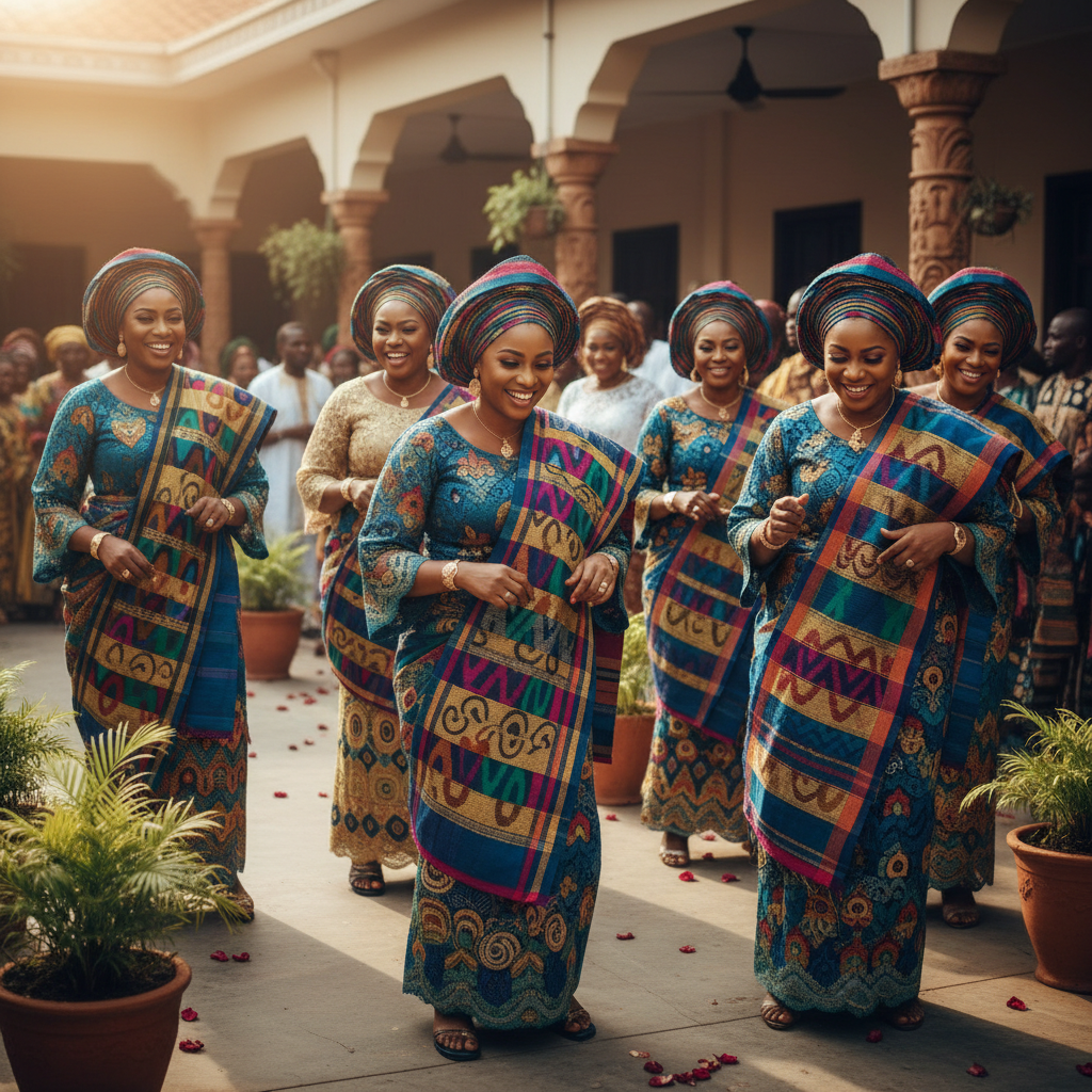 Nigerian artisan carefully hand-embroidering intricate golden patterns on cream fabric using traditional techniques