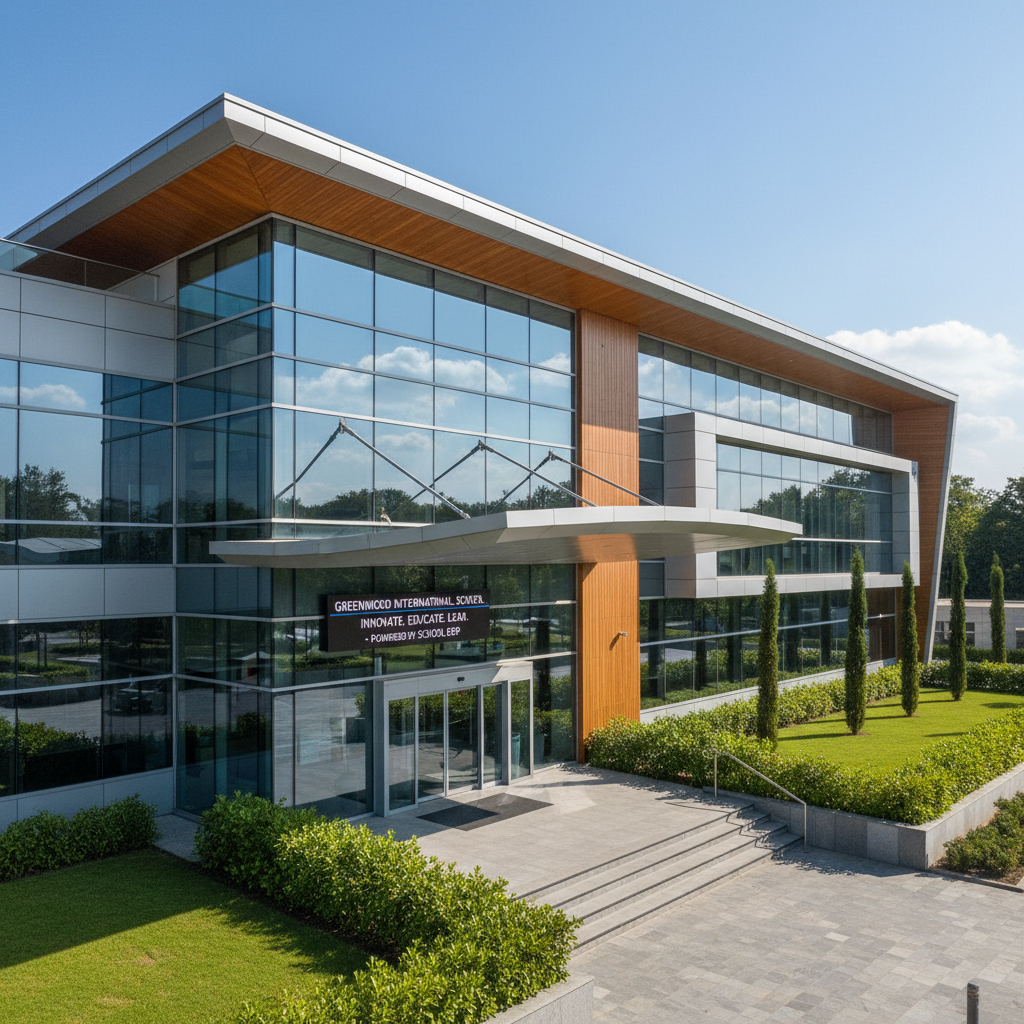 Greenwood International School building exterior showcasing modern educational facility that implemented School ERP system