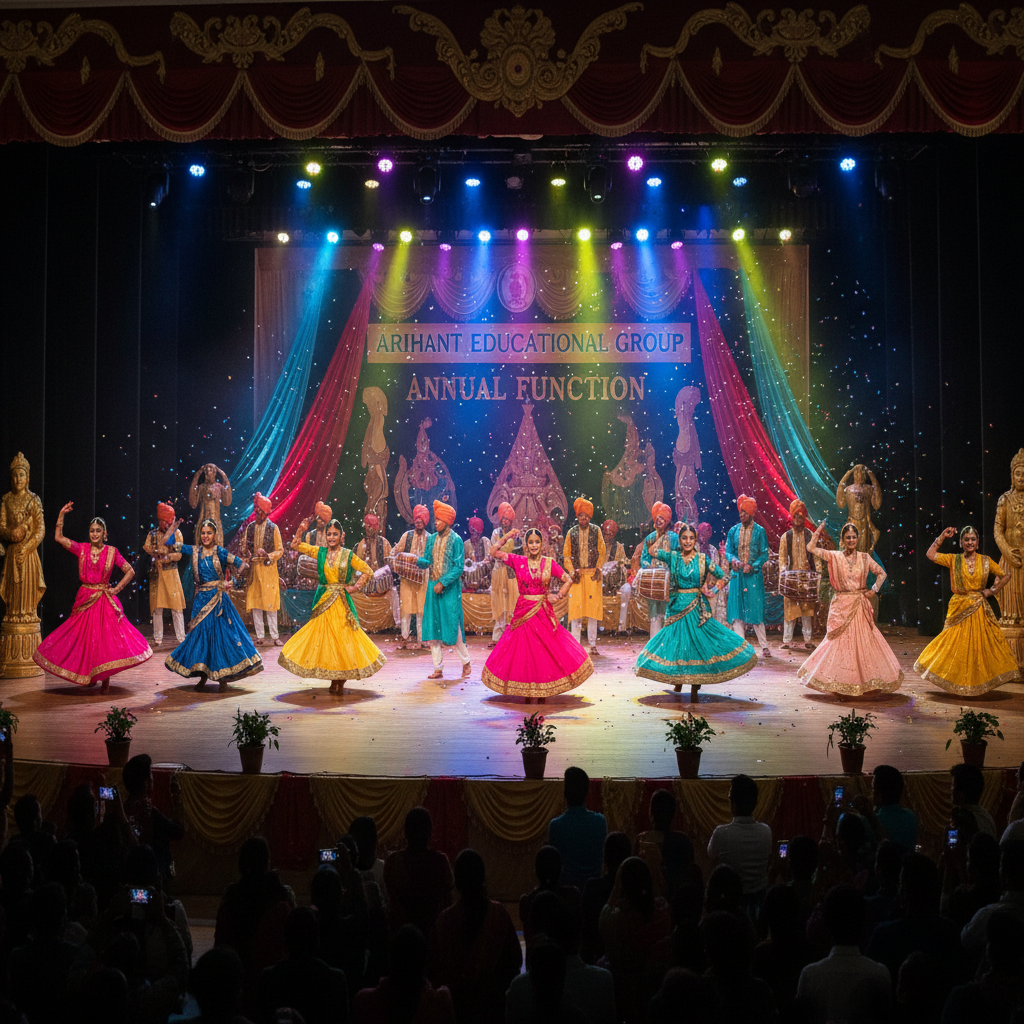 Students performing a cultural dance on stage during annual day celebration