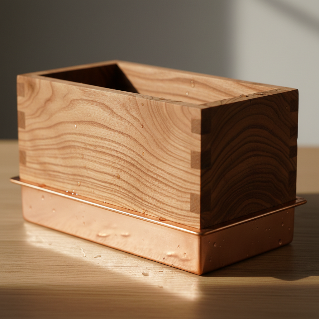 Aromatic cedar wood planter box with drainage holes for windowsill or patio use with plants growing