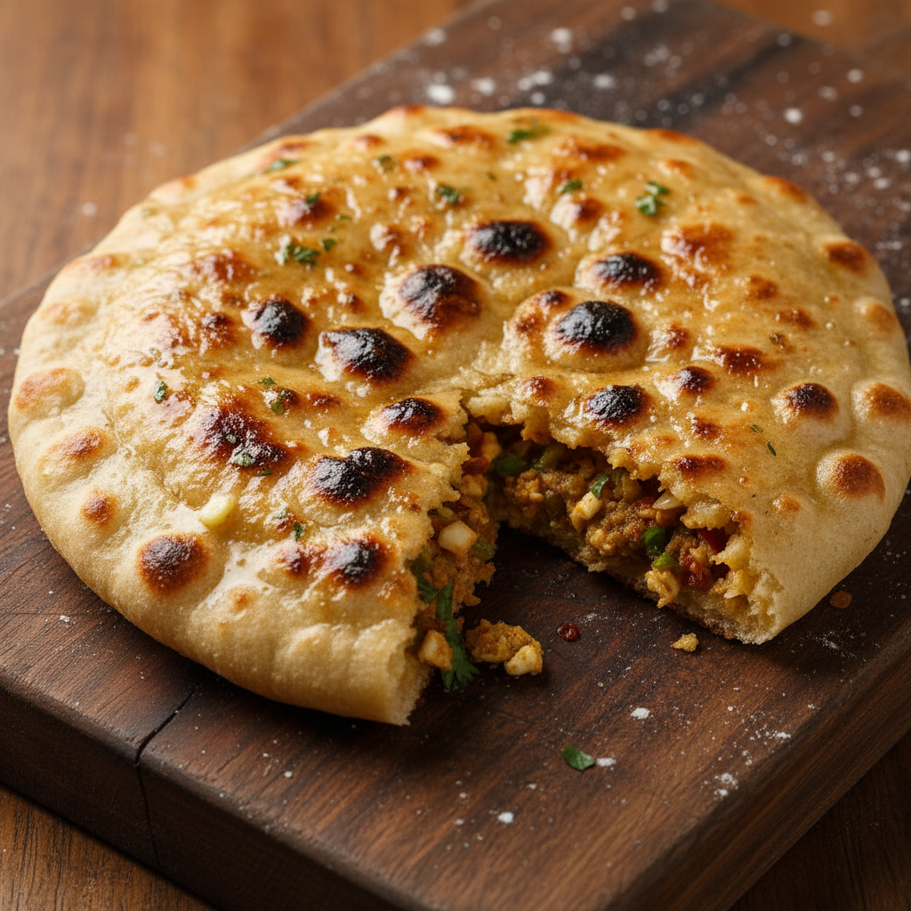 Charred tandoori roti with smoky spots on a stainless steel plate with butter pat