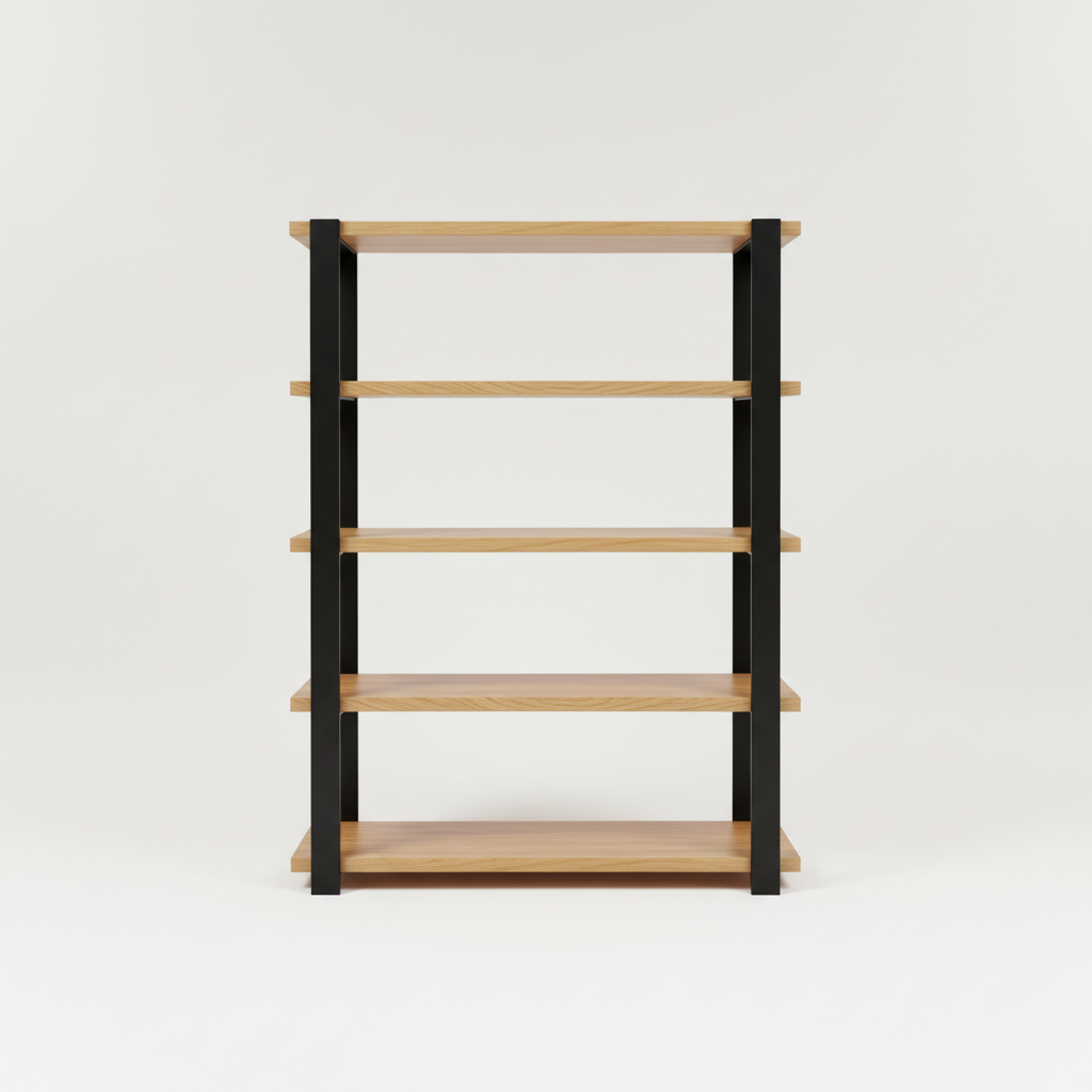 Tall dark timber bookcase with open shelving and black metal frame in a moody interior