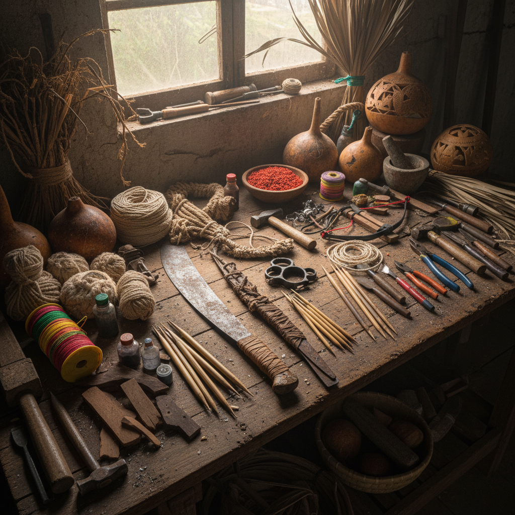 Gourd art workbench with pyrography tools, dried gourds hanging from rafters in a warm barn studio