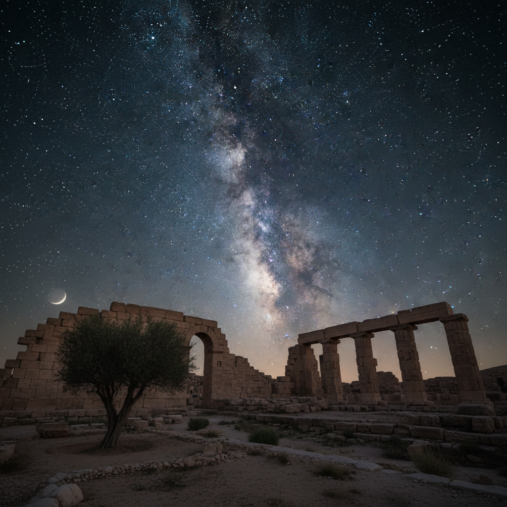 Dramatic night sky with stars over ancient ruins, atmospheric and reverent dark environment