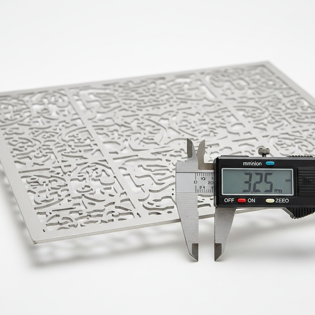 Aluminum laser cut panel with multiple cutouts photographed with caliper showing precision measurement