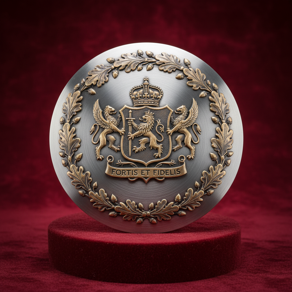 Sterling silver cufflinks with family crest engraved on dark velvet background