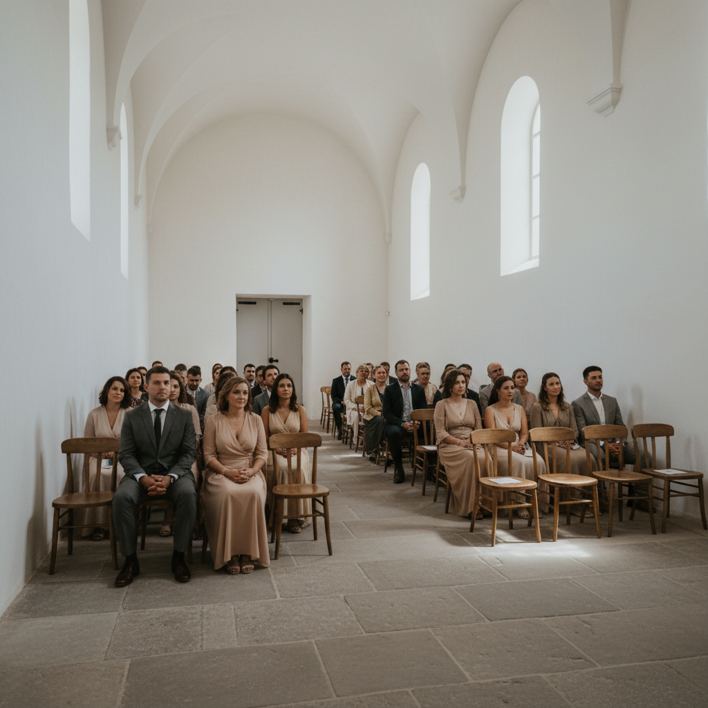 Guests seated on simple wooden chairs in rows inside the whitewashed chapel nave