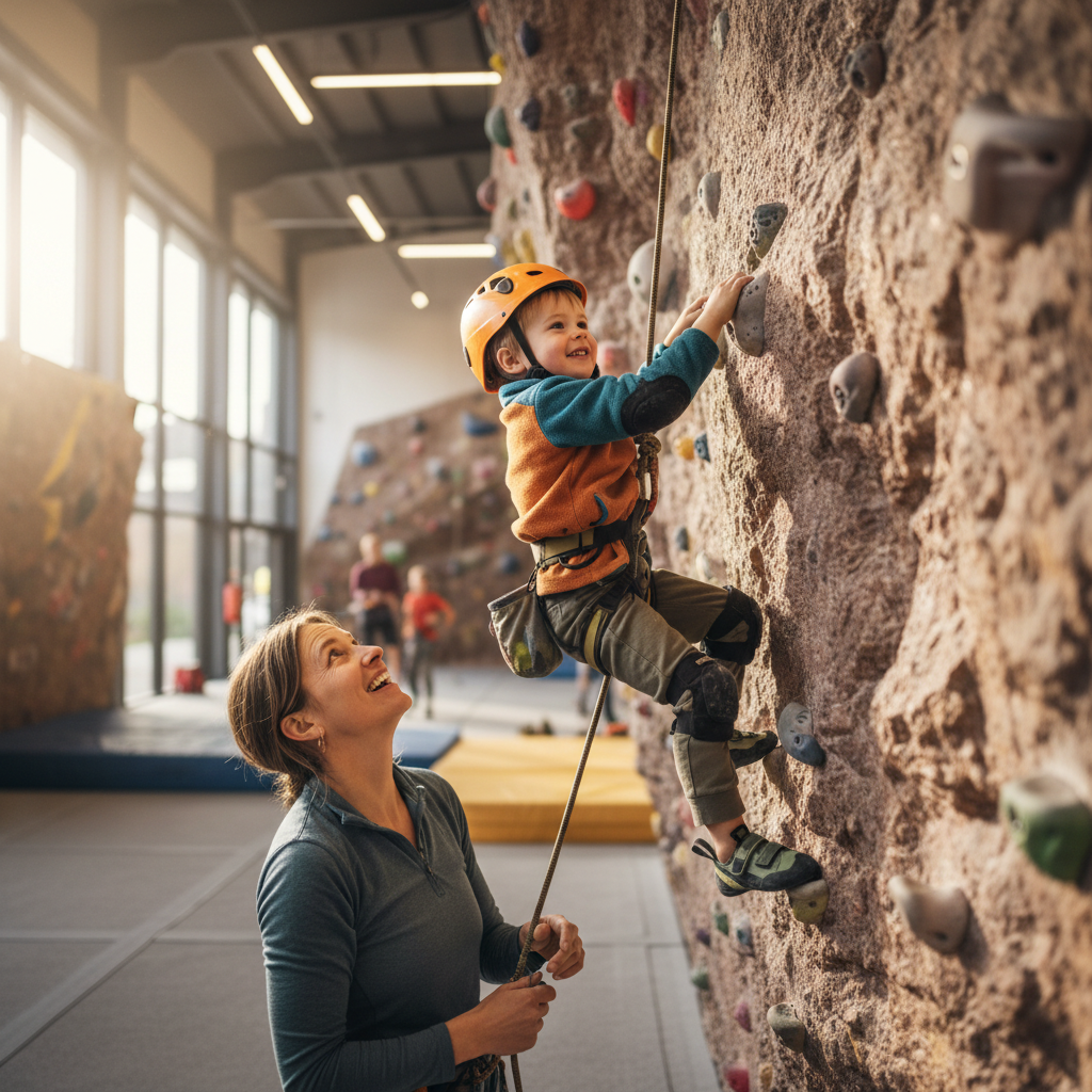 Parent smiling at their child climbing