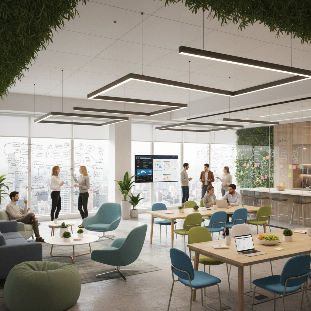 NexaTech team collaborating in modern open-plan office with large windows and natural light