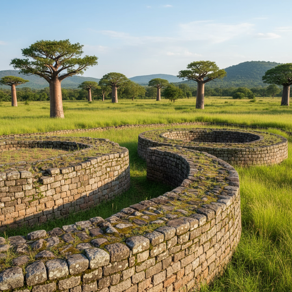 Ancient stone ruins of Great Zimbabwe surrounded by baobab trees and grassland
