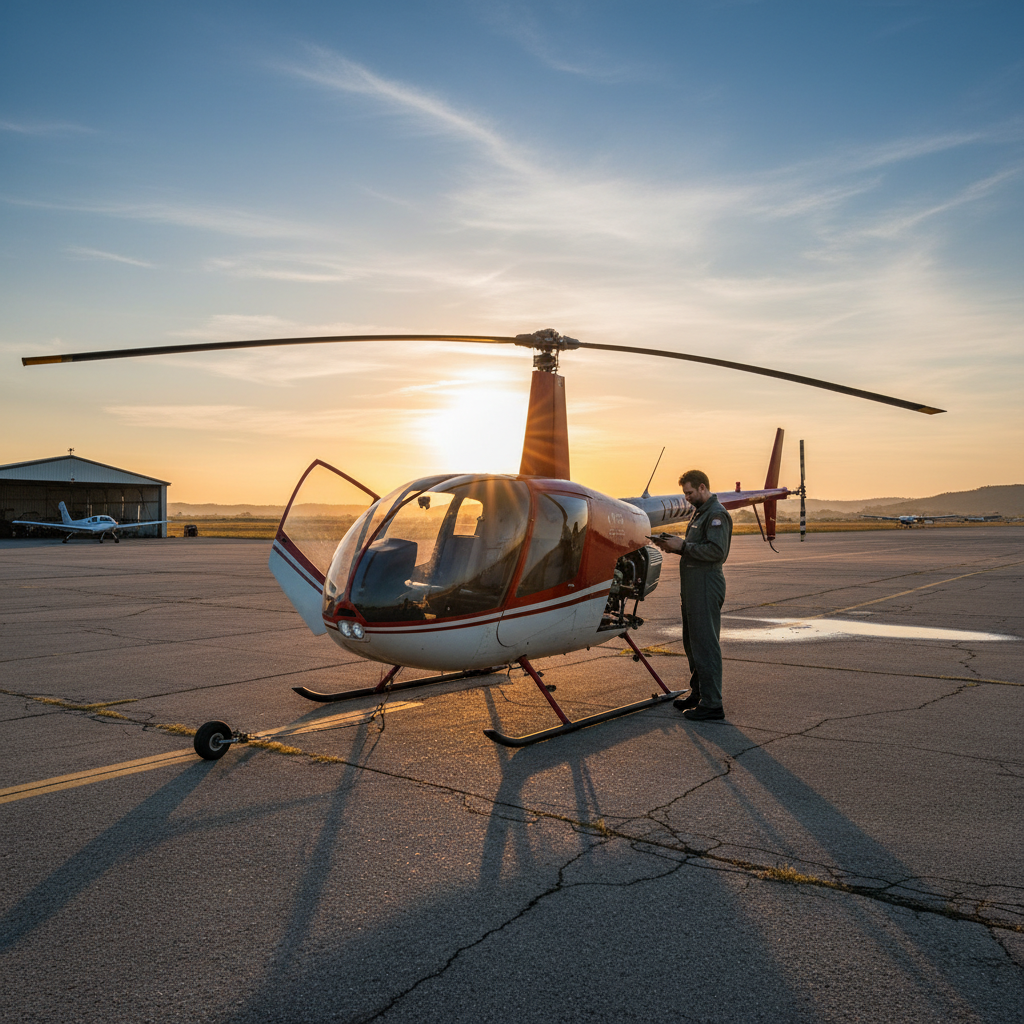 Robinson R22 helicopter on sun-drenched tarmac at dawn, pre-flight inspection in progress