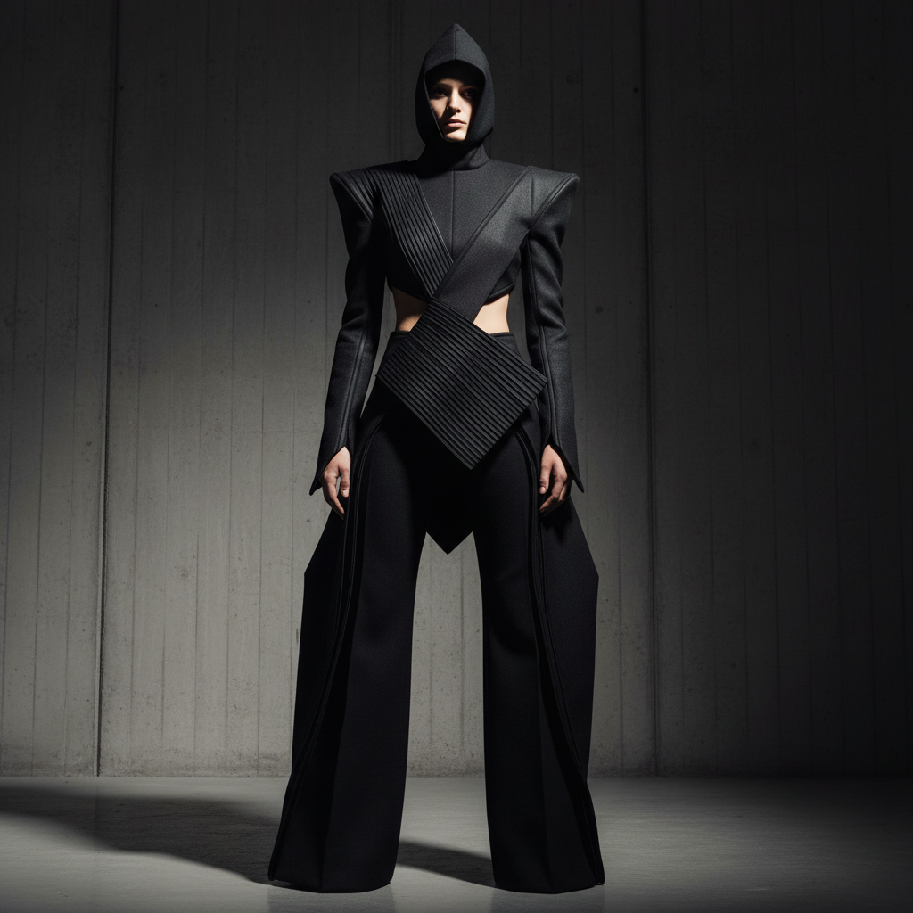 Editorial fashion photography with model in avant-garde silhouette against neutral backdrop