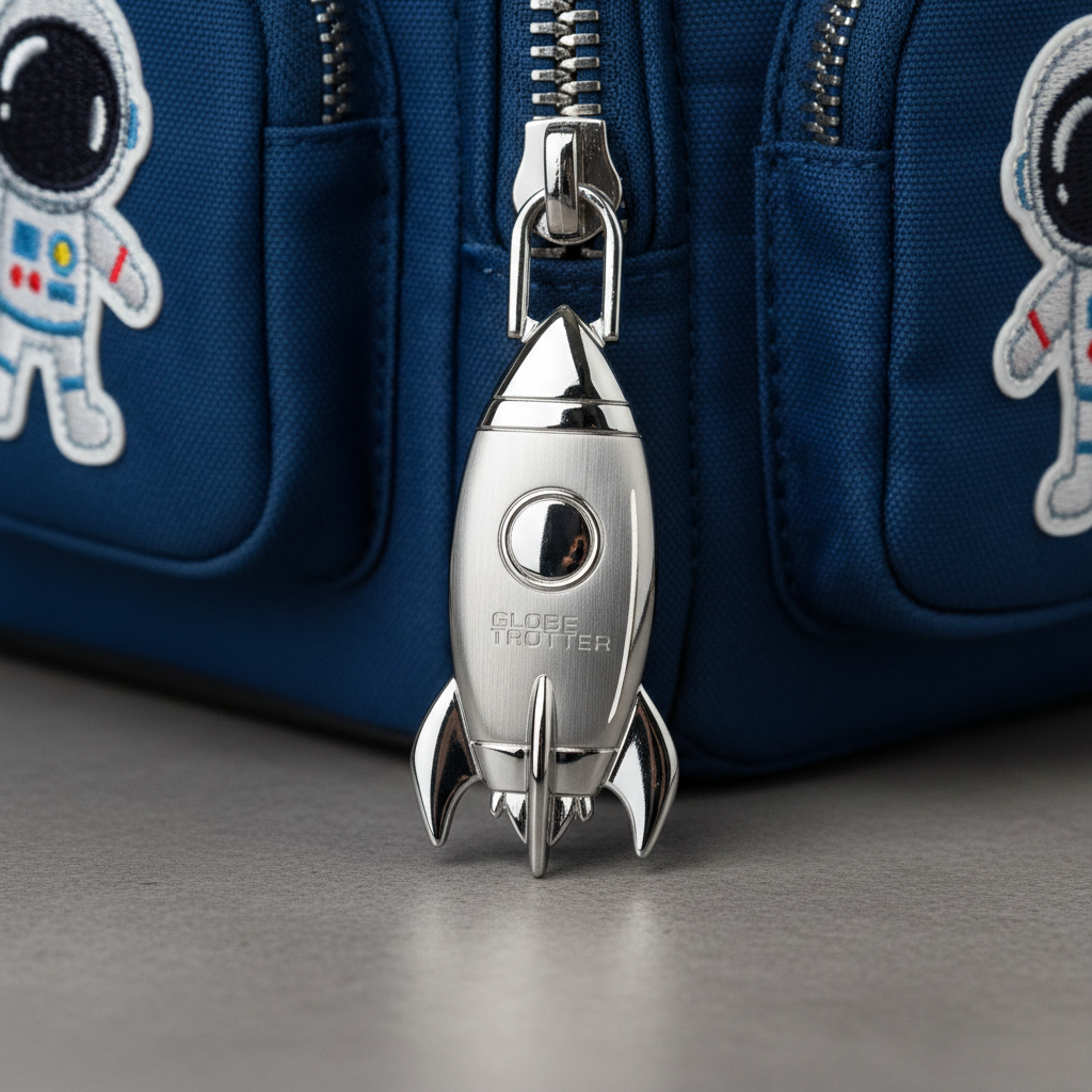Close-up macro shot of reflective zipper pull on a kids backpack showing metallic detail