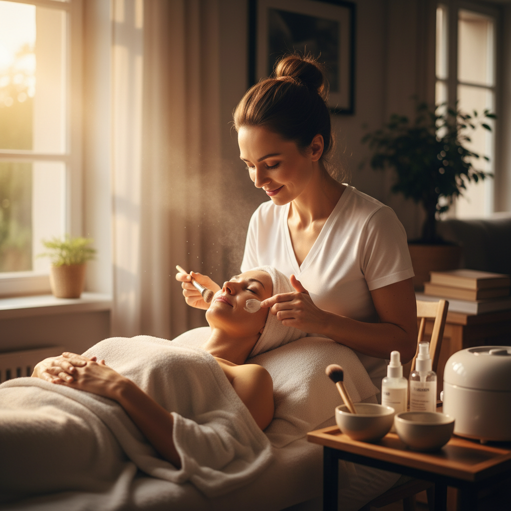 Woman receiving facial treatment at home, relaxed expression, bright airy room