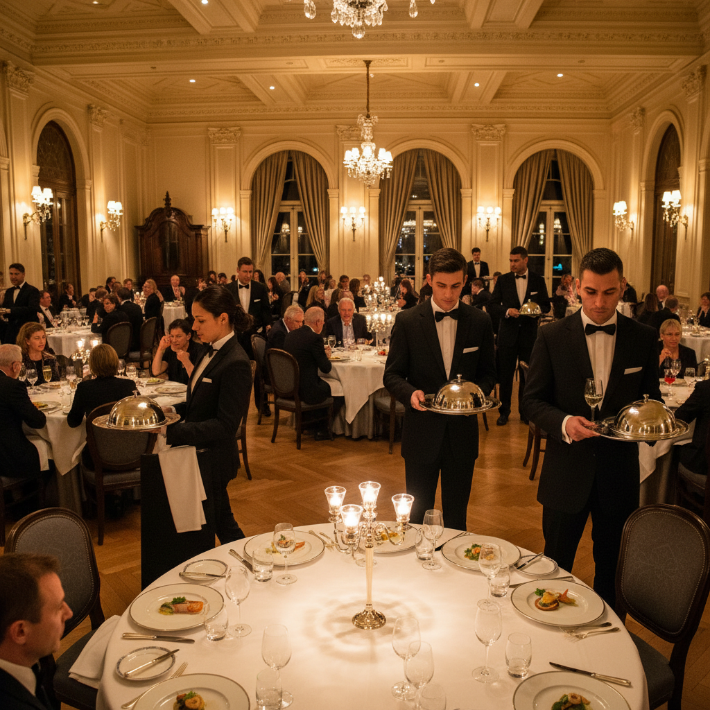 Professional hospitality server in formal attire setting an elegant table