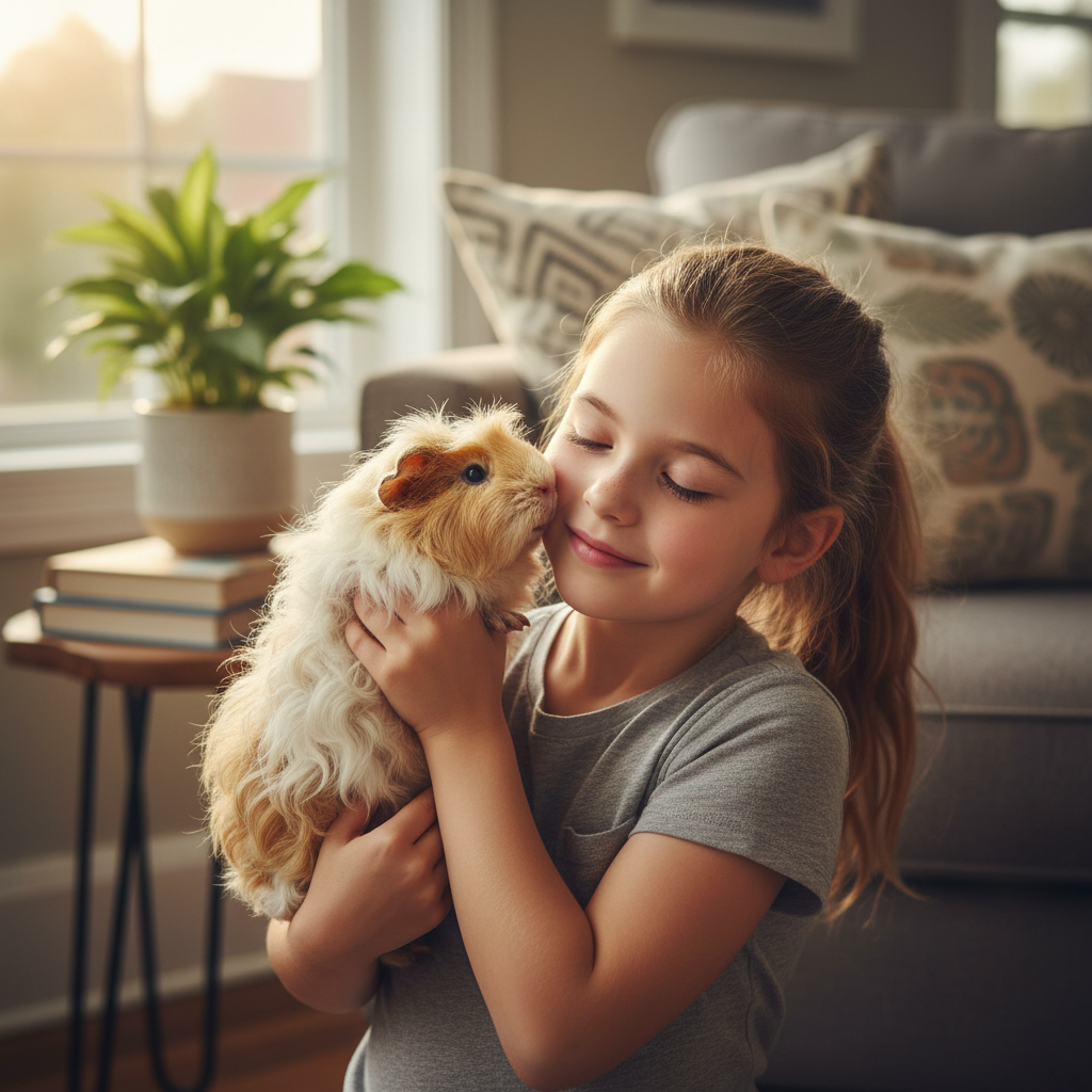 Young girl in a sunlit living room holding a fluffy guinea pig named Waffle close to her cheek