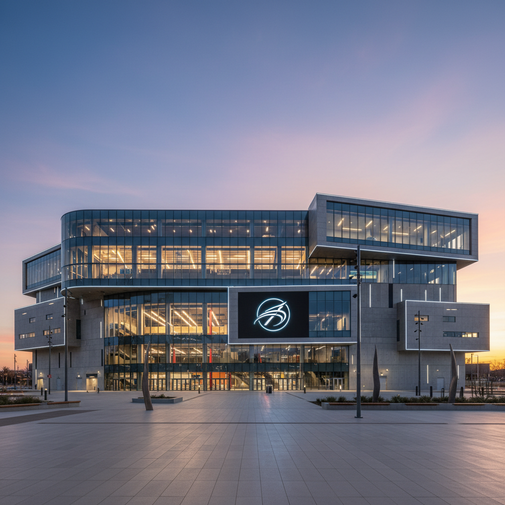 Exterior elevation of a contemporary sports arena at twilight