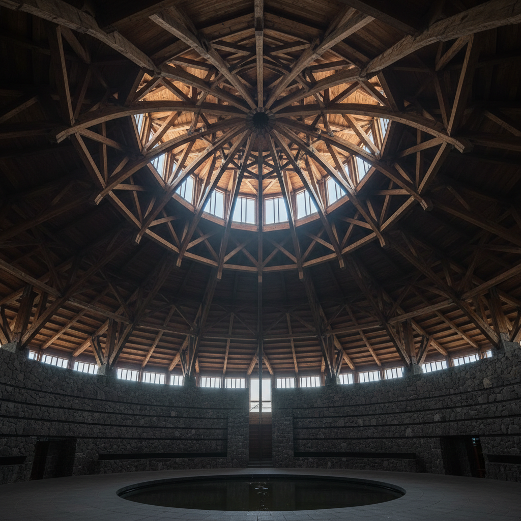 Minimalist Japanese-inspired pavilion interior with dark timber, low furniture, and diffused paper screen light