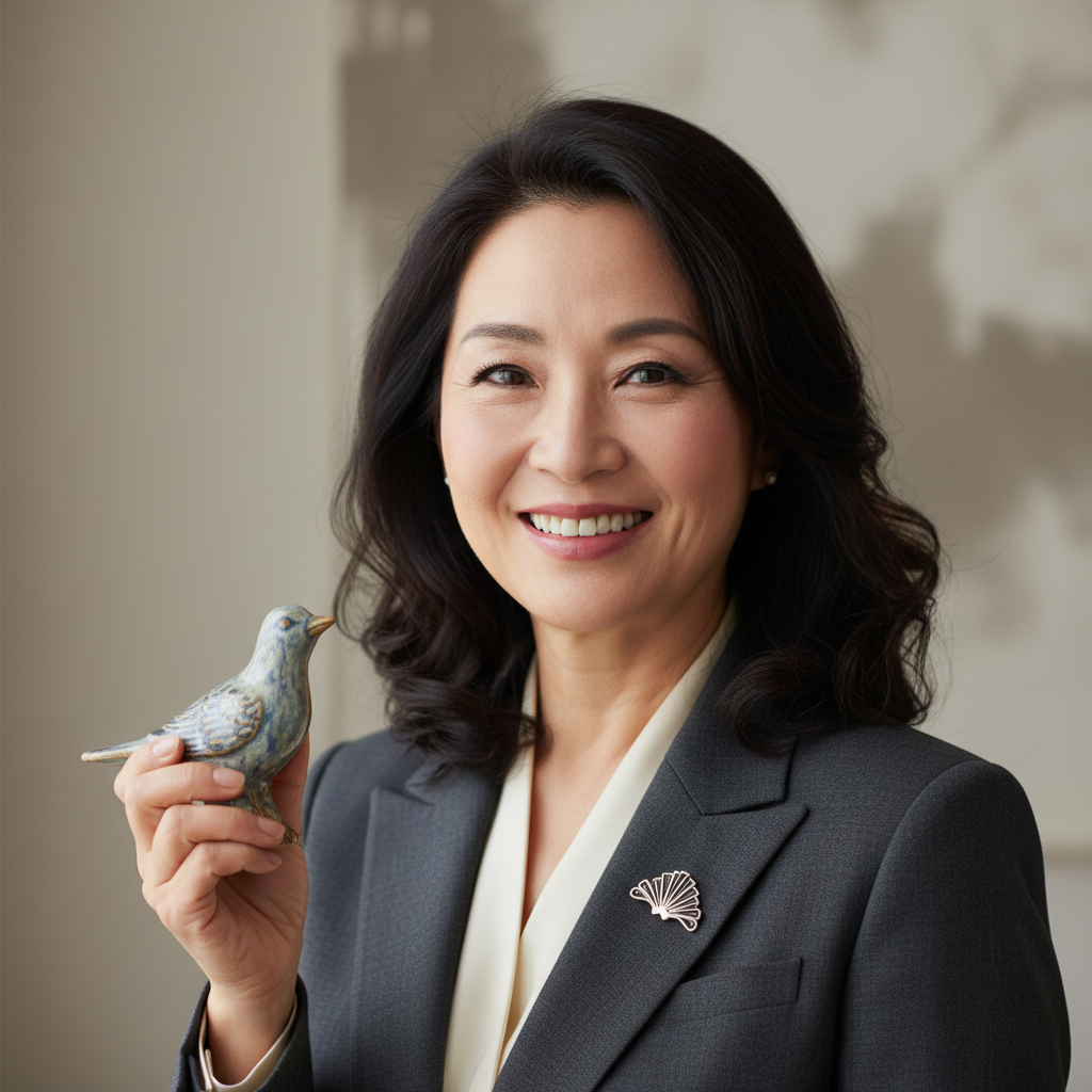 Portrait of female collector elegant appearance neutral dark background professional setting