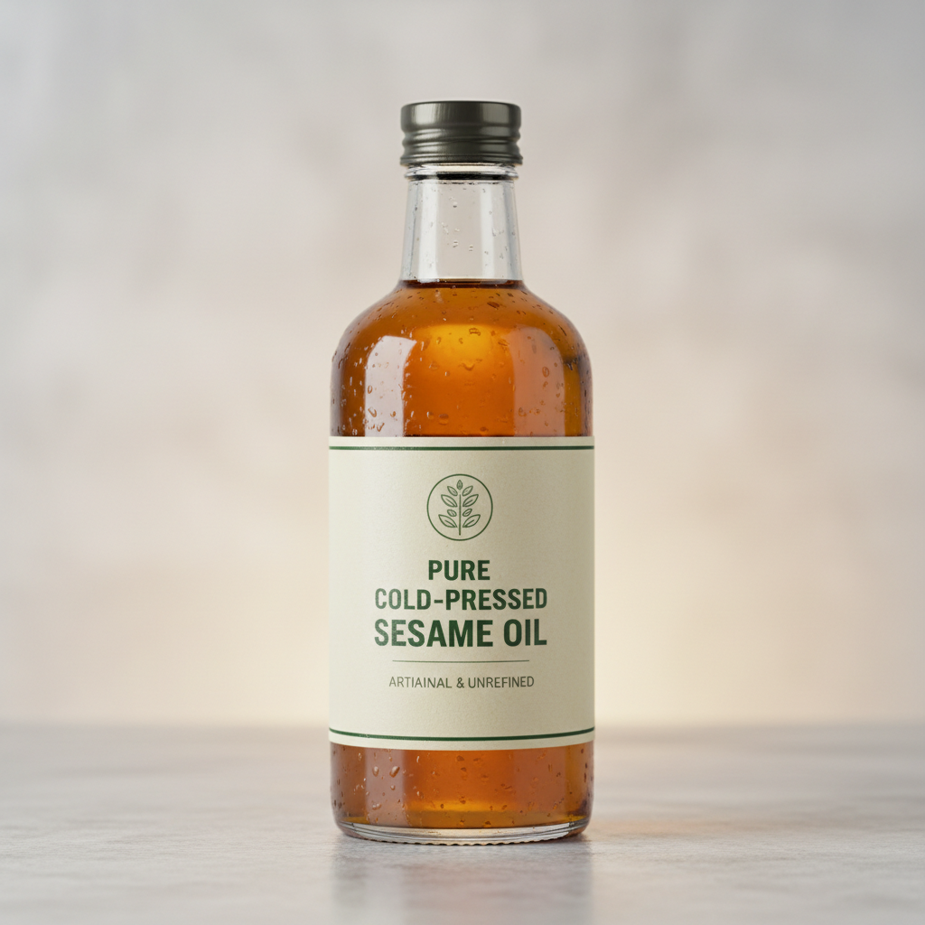 Golden cold-pressed sesame oil in a glass bottle on a warm wooden surface