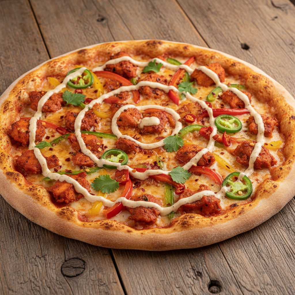Peri Peri Pizza — Spicy Peri Peri sauce pizza, Indian café food photography with warm colours and appetising presentation