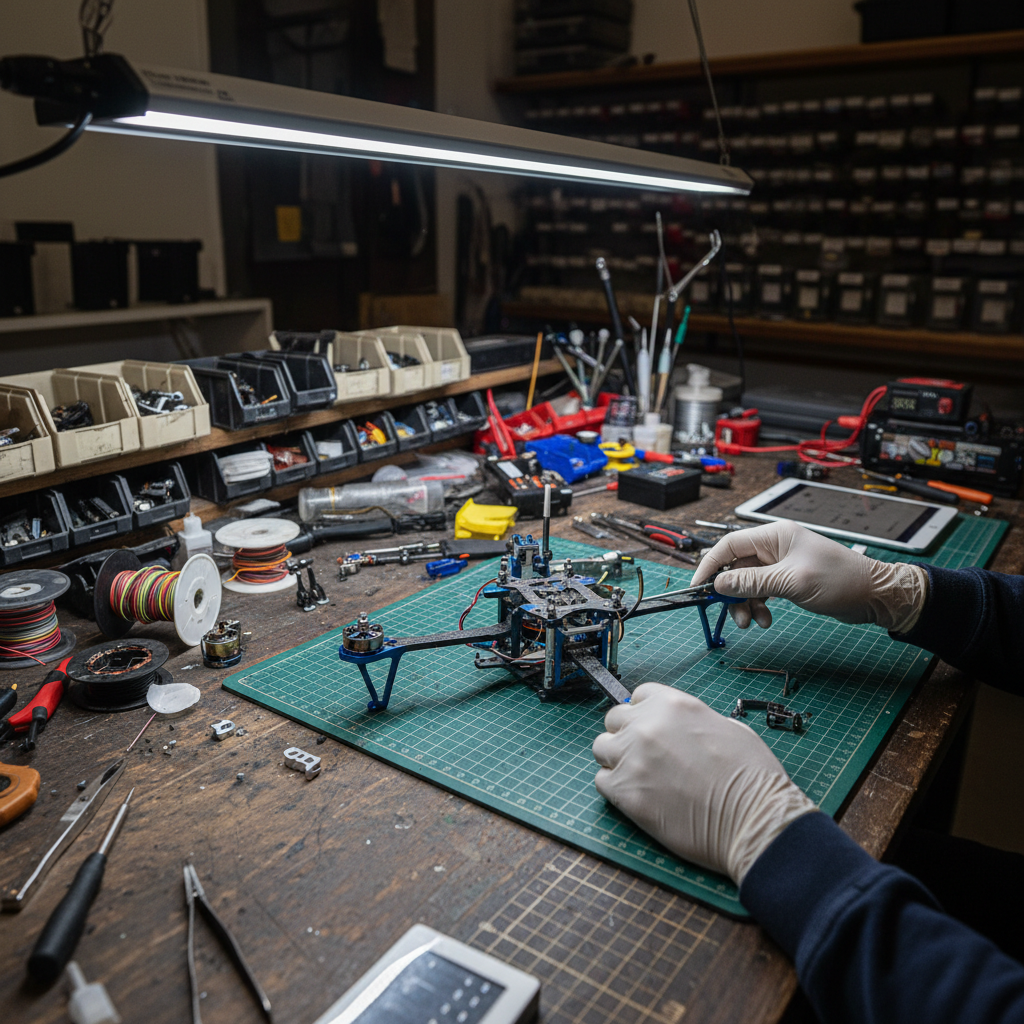 Custom drone frame assembly on workbench at WEBUILDPRO Bangalore industrial lab