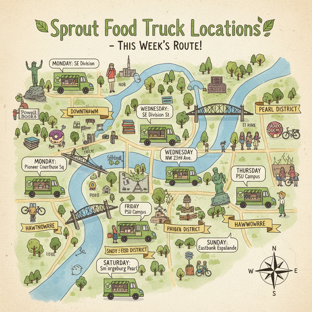Illustrated map of Portland showing Sprout food truck locations for the week