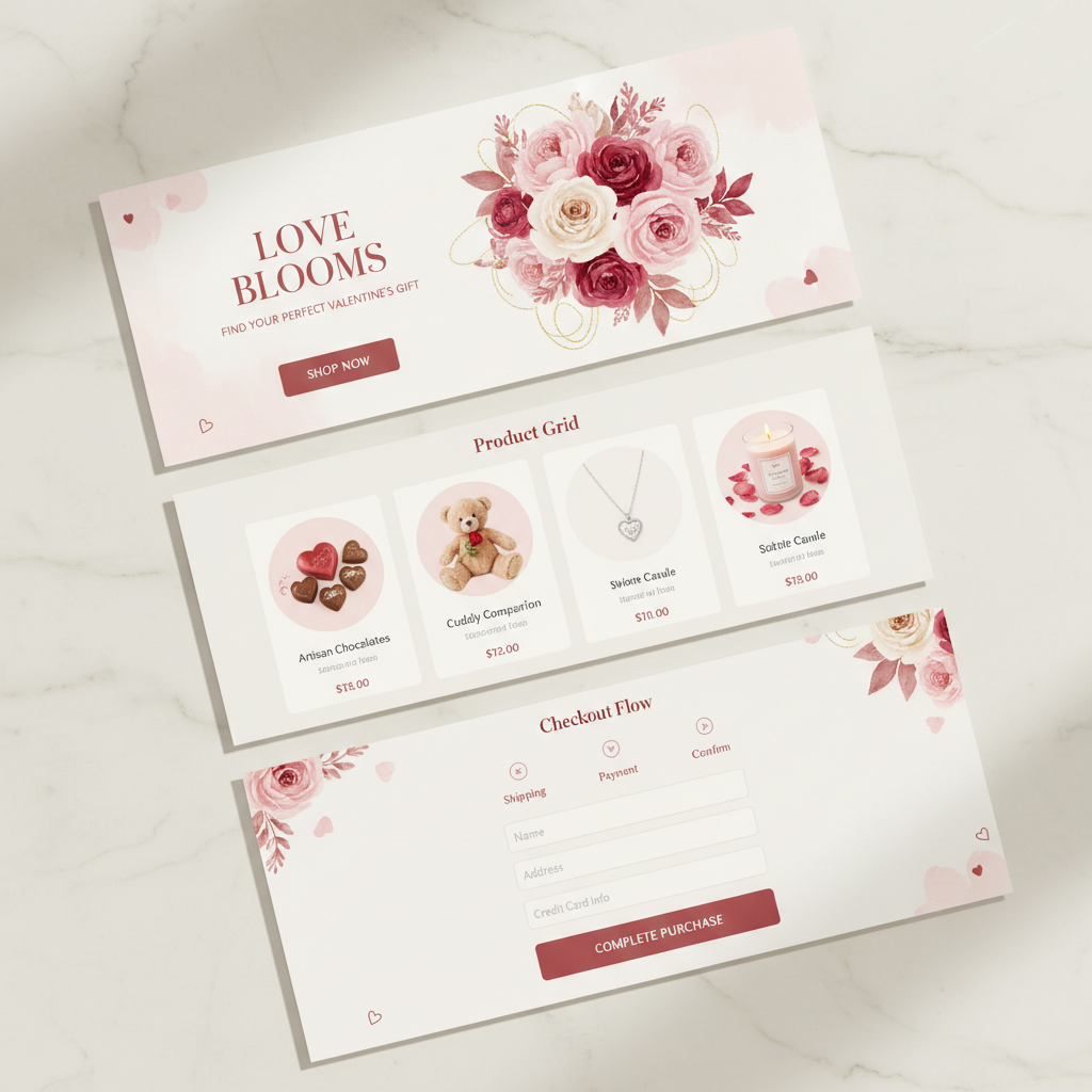 Valentine landing page full kit showing hero block, product grid, and checkout flow with rose and cream color scheme