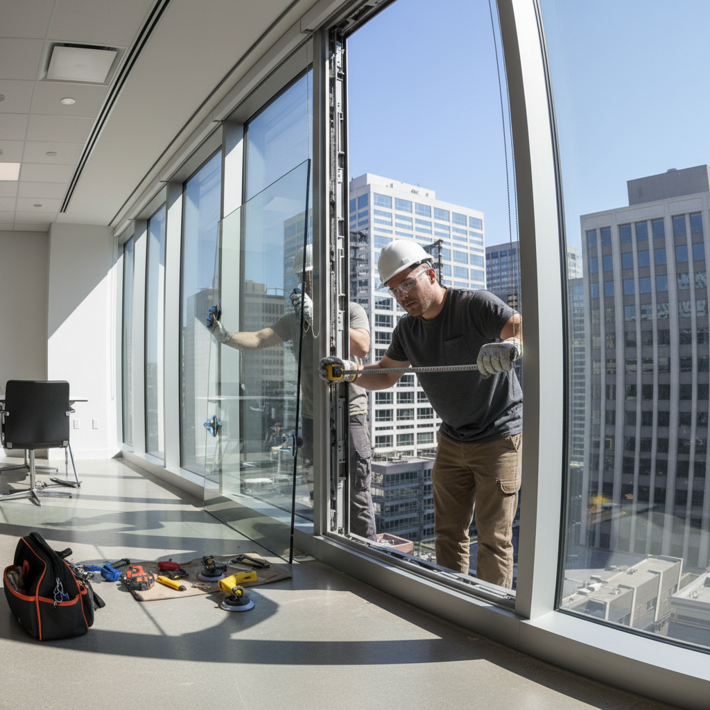 Worker measuring and replacing an insulated glass unit in an office building window frame