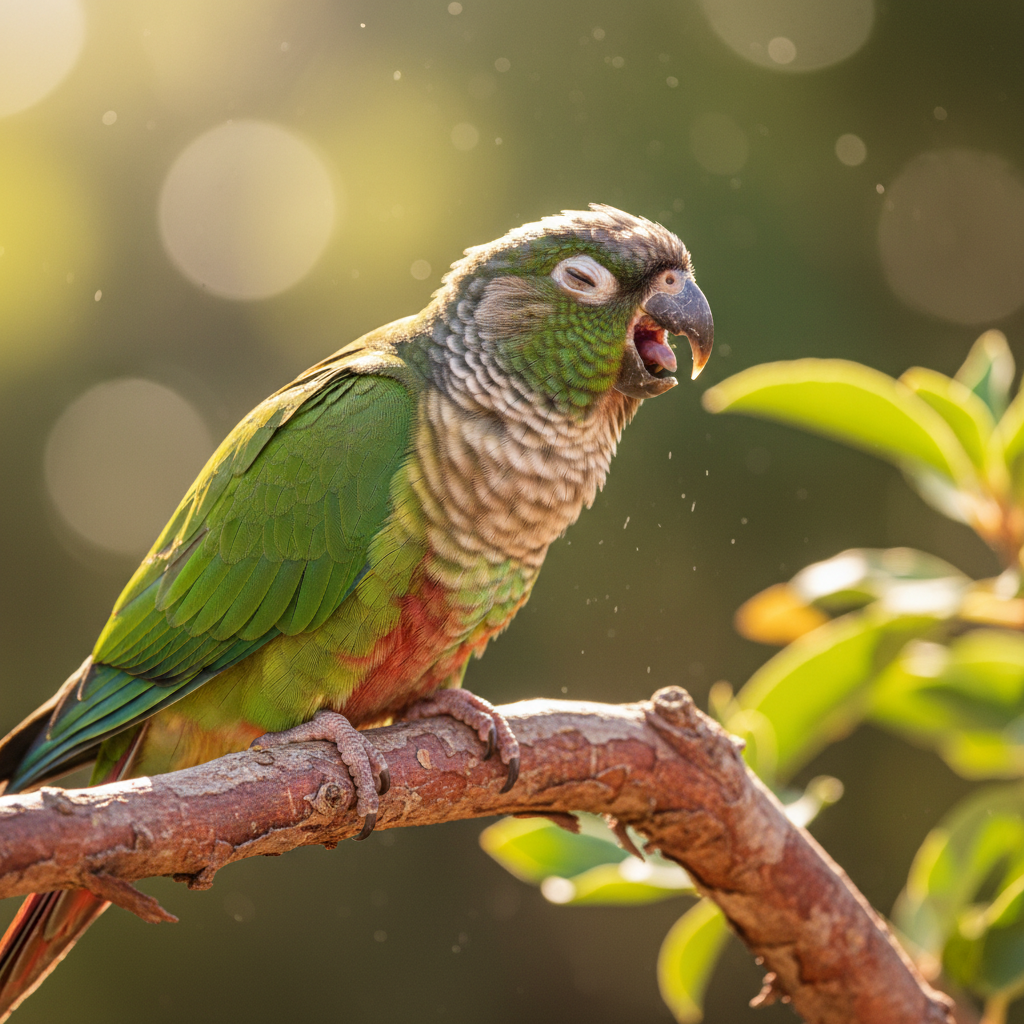 Green-cheeked conure perched on a manzanita branch mid-yawn, vibrant green feathers