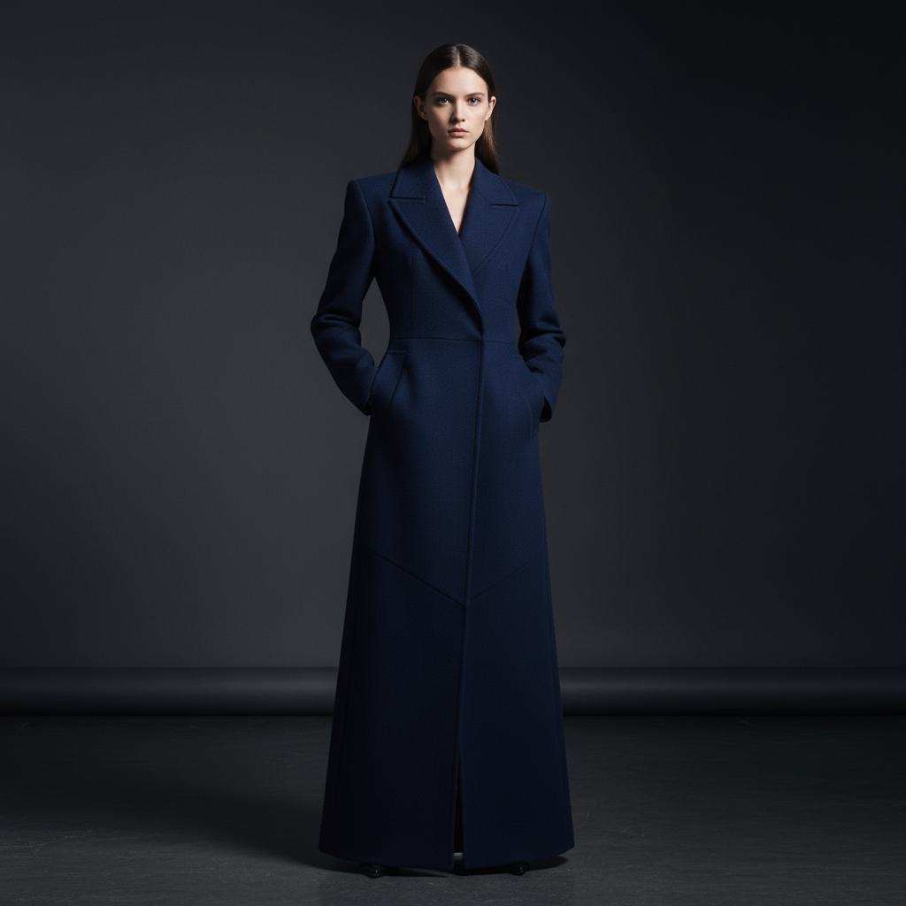 SS26 collection — oversized black coats and technical wear, editorial product shot, dark studio