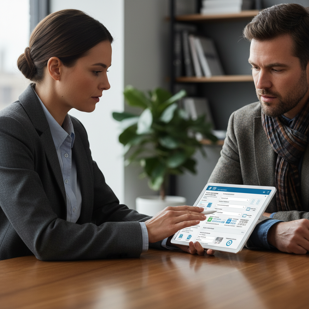 Insurance adjuster reviewing claim documents at a desk, professional setting