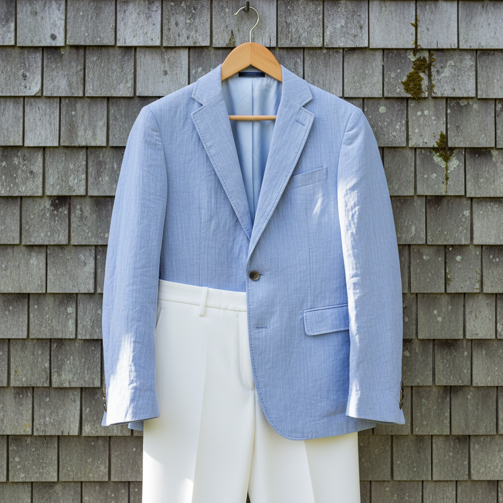 Light blue seersucker blazer and white trousers on a wooden hanger against weathered shingles