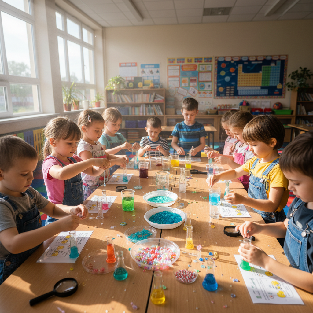 Young elementary students examining colorful science experiment with magnifying glass