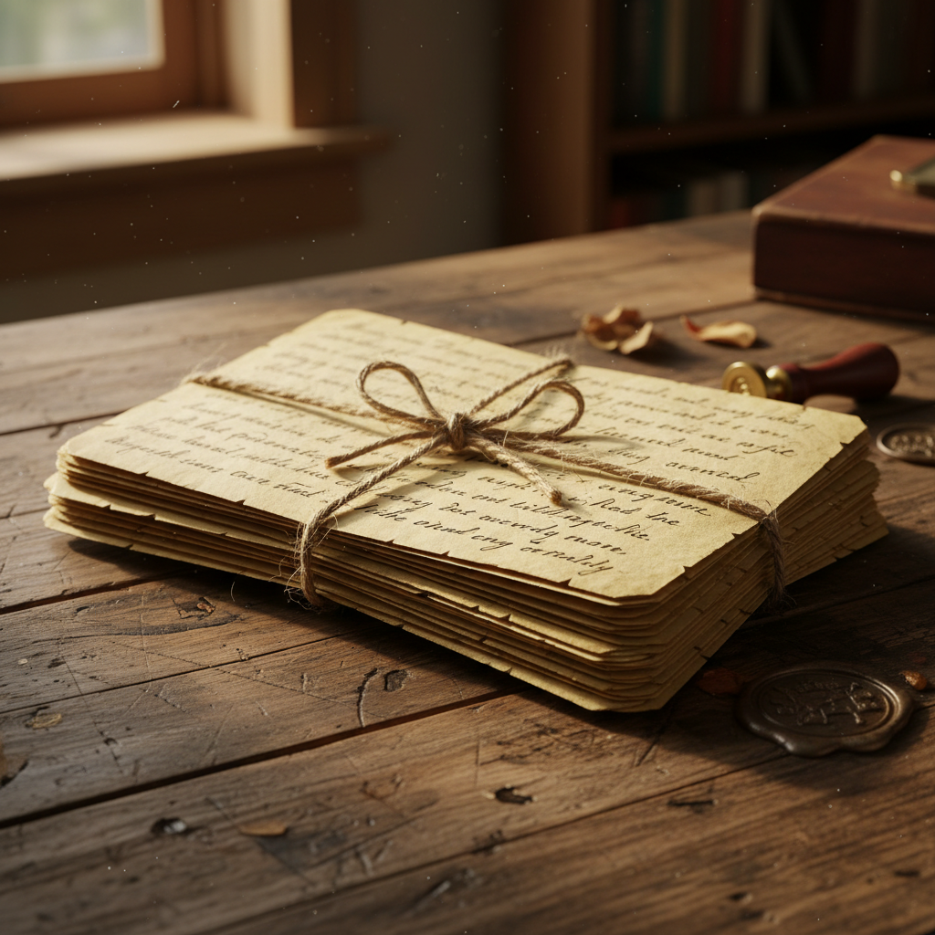 Handwritten letters tied with twine on weathered desk surface