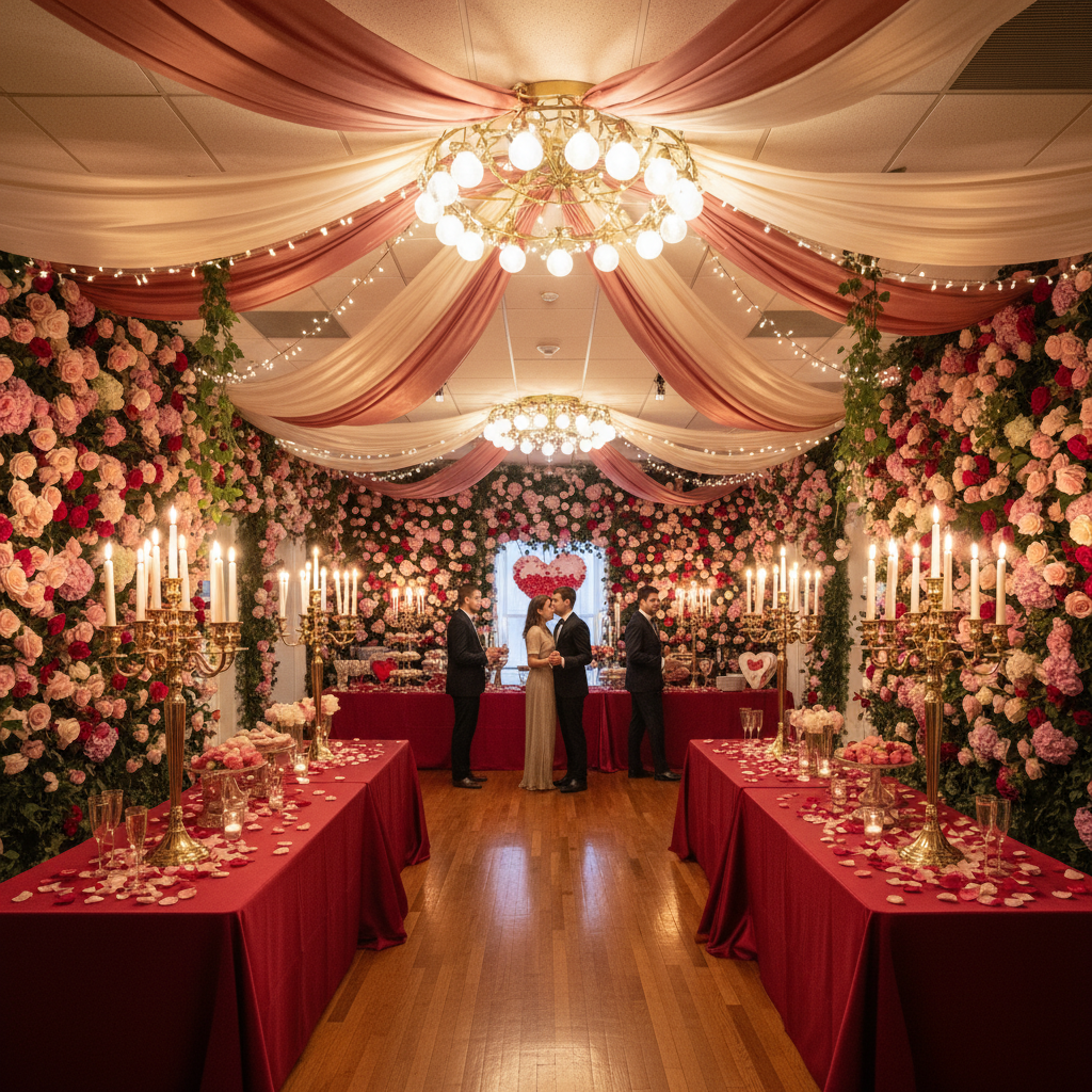 Office breakroom transformed into full Valentine gala with floral walls, candelabras, and draped ceiling