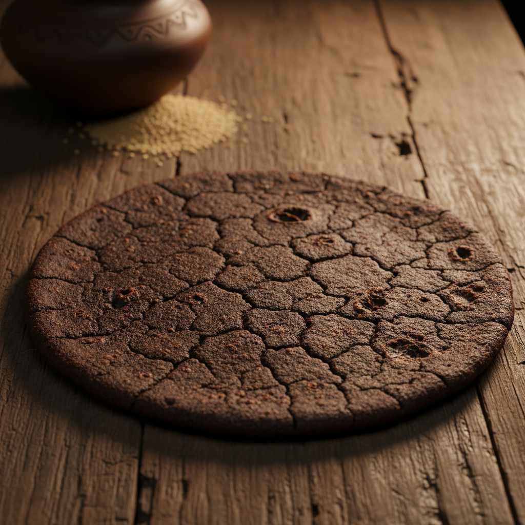 Mandua roti — dark finger millet flatbread with slightly cracked surface, char marks from tawa