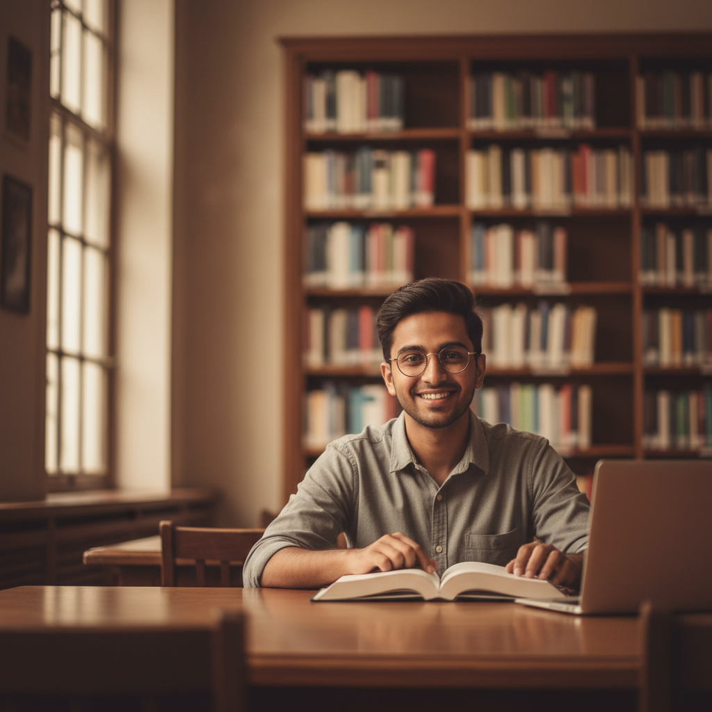 Young Indian man with glasses smiling in a library setting, warm bright lighting
