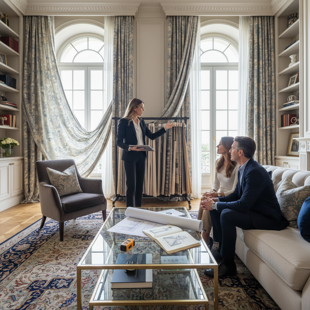 Elegant living room consultation session featuring designer discussing window treatment options with clients, showcasing luxury curtain designs, measurement tools, and architectural planning