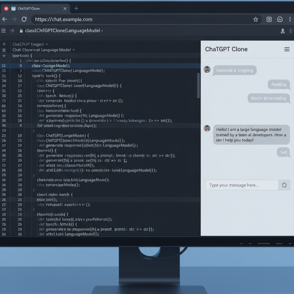 ChatGPT clone application running in browser with code editor showing implementation