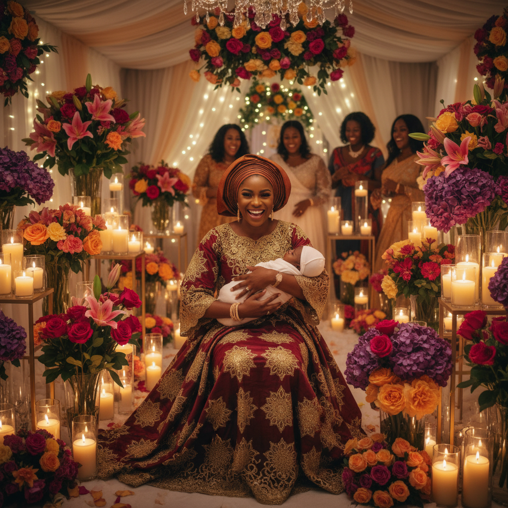 Young Nigerian mother holding infant, warm indoor lighting, gentle expression