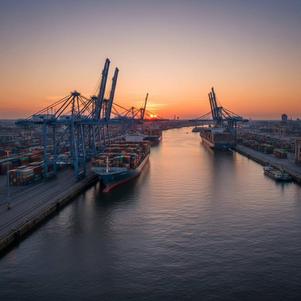 Busy container port with cranes loading cargo ships at sunset