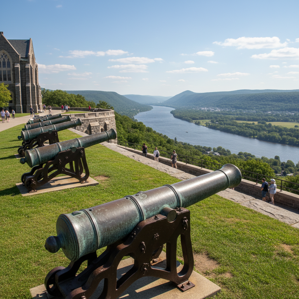 West Point Military Academy Trophy Point with cannon monuments overlooking the Hudson River