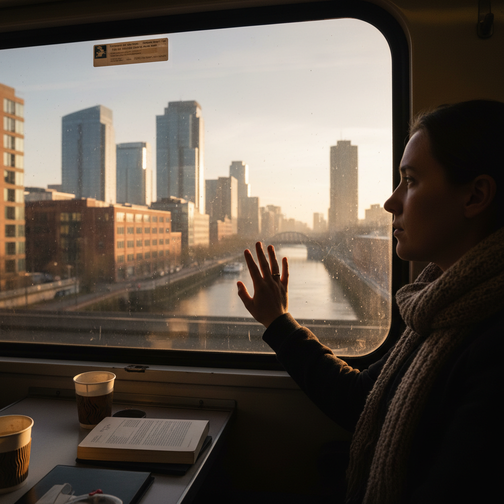 Commuter looking out train window at passing cityscape at dawn