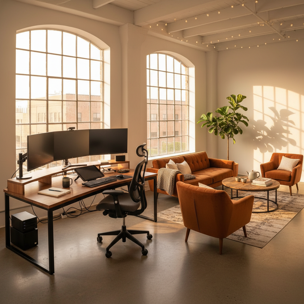 Warm photography studio interior with large windows, editing workstation, and comfortable seating