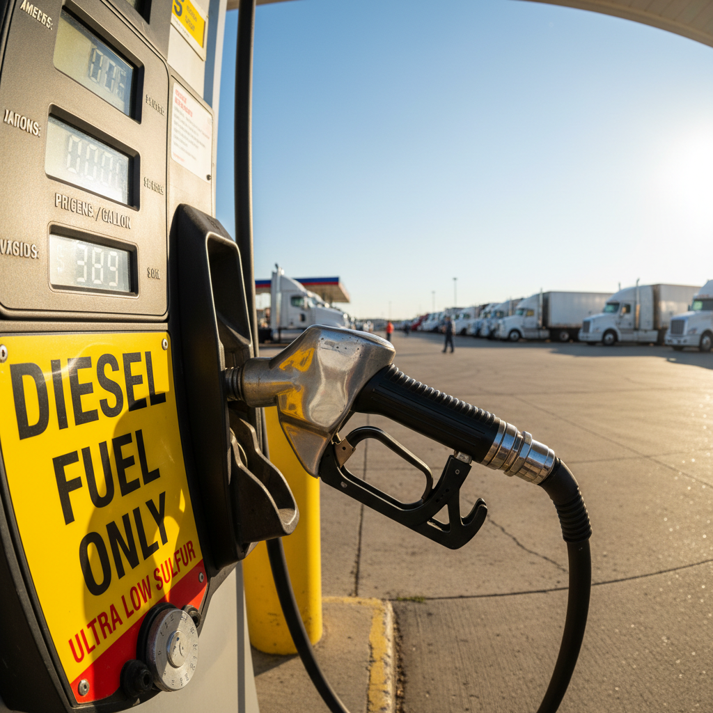 Fuel nozzle in a diesel pump at a truck stop under bright noon sun, chrome and yellow signage