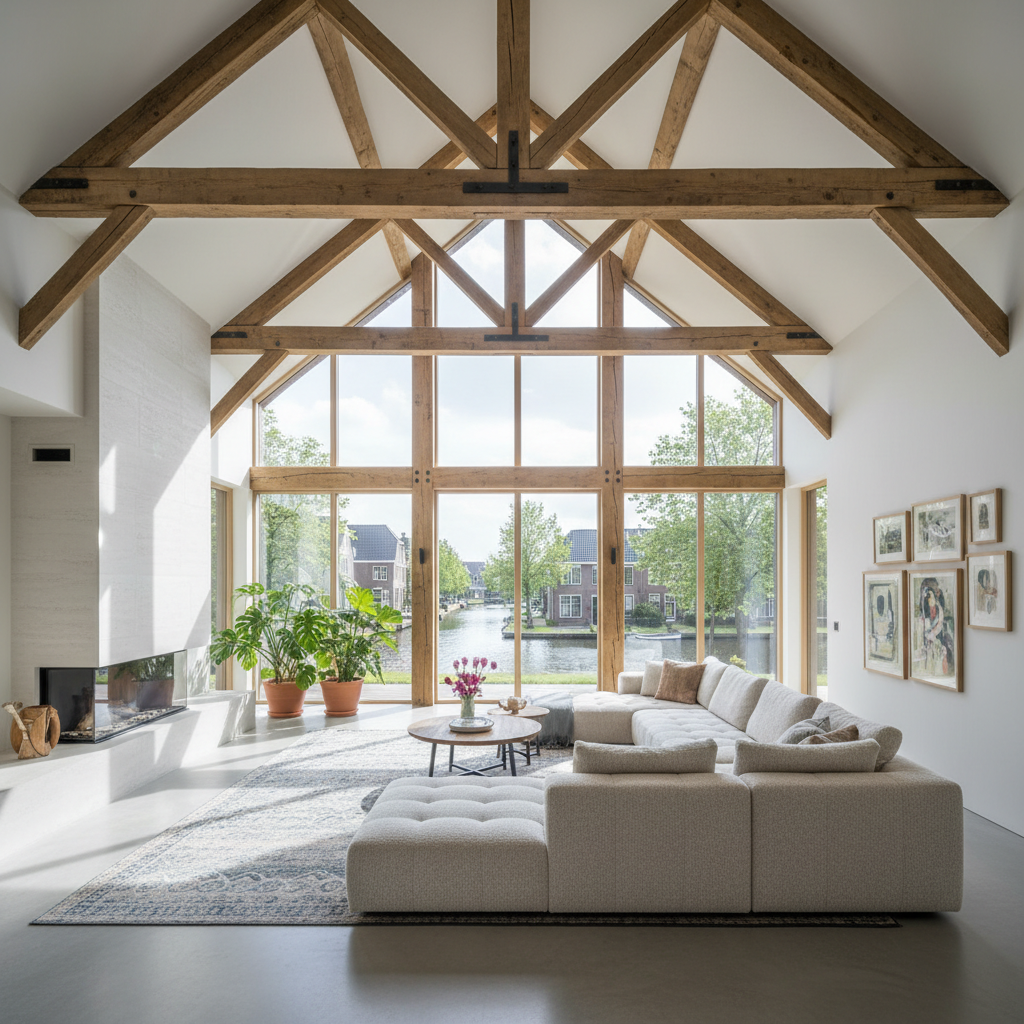 Bright living room with canal views and oak beam ceiling in Herengracht apartment